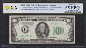 Fr.2152-G 1934 Chicago $100 Federal Reserve Note PCGS Gem Uncirculated 65 PPQ - Picture 1 of 2