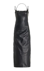 Women Genuine Leather Dress, Spaghetti Strap Center Back-zip Closer Midi Dress - Picture 1 of 9