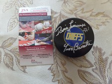 SLAP Shot Goalie Yvon Barrette  autographed custom puck & Holder JSA Certified* 