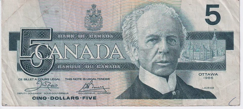 1986 Canada 5 Dollars Banknote - P# 95a - Crow / Bouey - Fine - # 29731 Cover