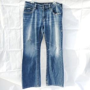Affliction Jeans Mens 34x31 Blue Cooper Relaxed Boot Patch Insert Back Pockets - Picture 1 of 11