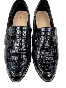 Aldo Langlet Black Patent Leather Croc Embossed Penny Loafers Sz 9 - Picture 1 of 5