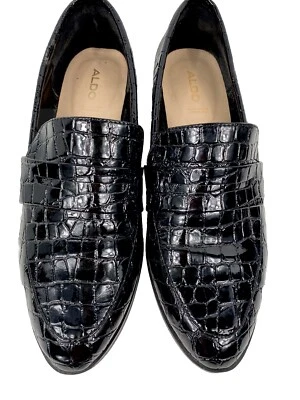 Aldo Langlet Black Patent Leather Croc Embossed Penny Loafers Sz 9 - Image 1 of 4
