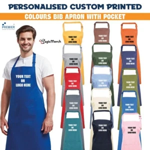 Personalised Printed Premier Colours Bib Apron With Pocket Cleaning Kitchen - Picture 1 of 62