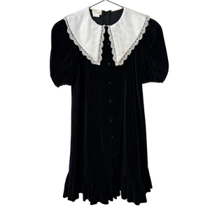 Nicole Dorissa International Velvet Dress Puff Sleeve Lace Trim Black Size 8 - Picture 1 of 8