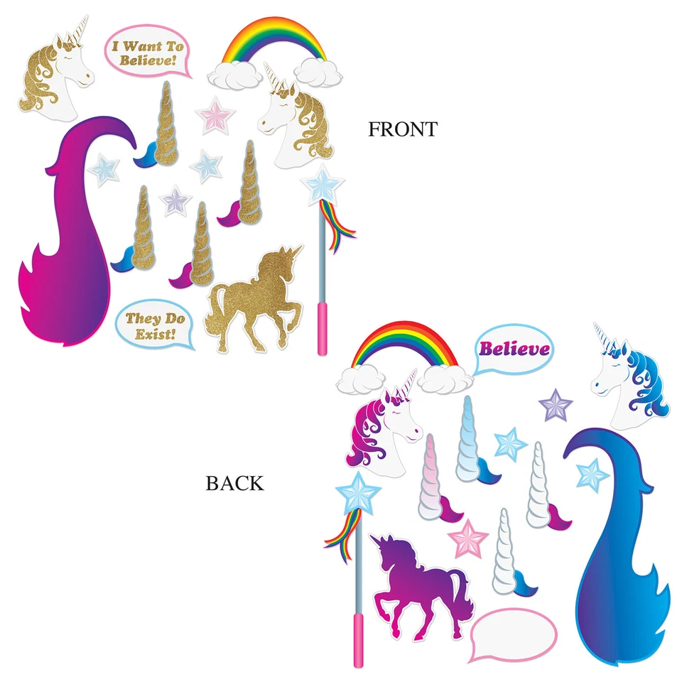 Unicorn Party Supplies Photo Booth Fun Signs Glittered Props 16Pk Girl Birthday - Image 1 of 1