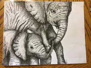 Original Pen And Ink Drawing Elephants Mother And Baby 2022 - Picture 1 of 2