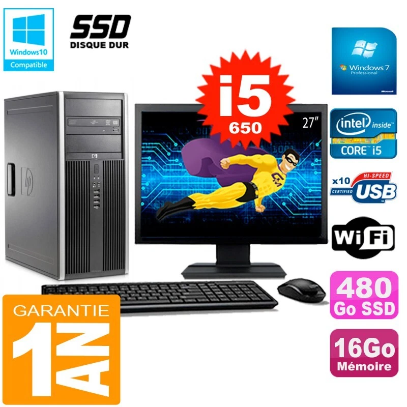 PC HP 8100 Tour Pantalla 27" Core I5-650 RAM 16Go SSD 480Go Grabador DVD Wifi W7 - Imagen 1 de 1