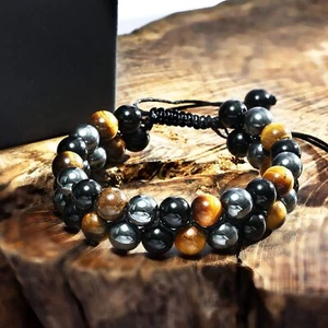 Triple Protection Bracele Tigers Eye Black Obsidian Hematite 8mm Beads Bracelets - Picture 1 of 11