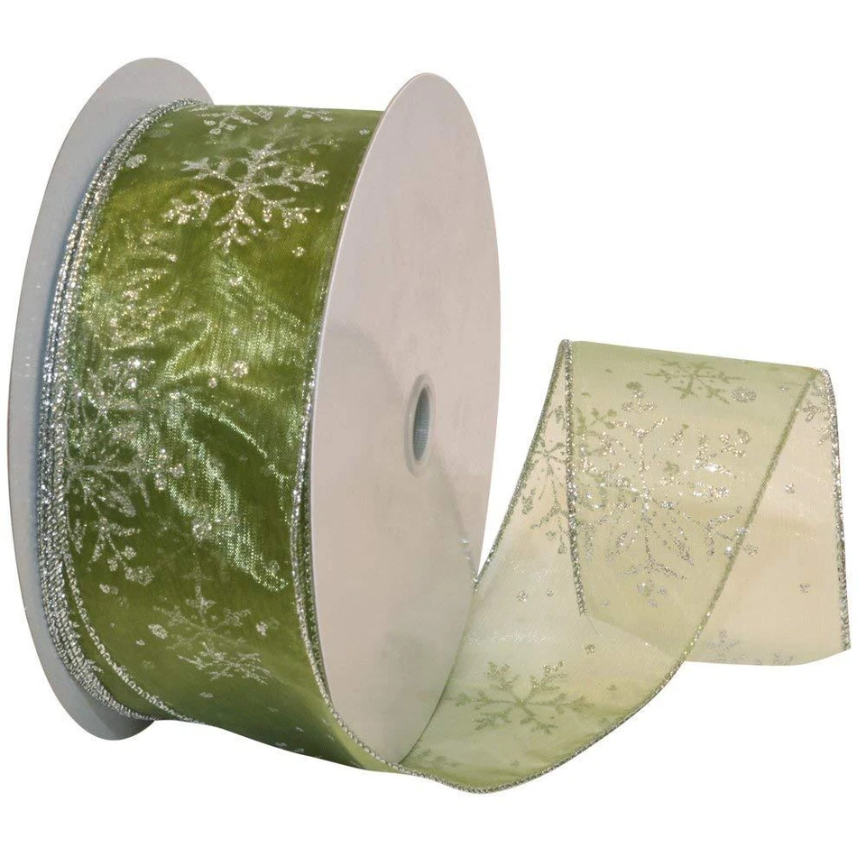 Silver Sparkle Snowflake Spring Moss Green Sheer Wide Wired Ribbon 50 yd NEW  - Image 1 of 1