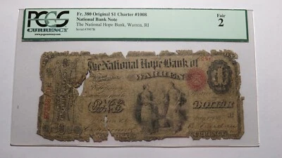$1 1865 Warren Rhode Island RI National Currency Bank Note Bill #1008 Ace! - Image 1 of 3