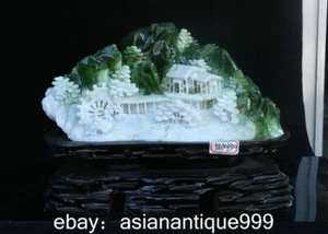 15.6" chinesische grüne Xiu Jade Schnitzen Fengshui Pavillon Baum Berg Statue - Bild 1 von 16