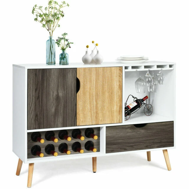 Costway Mid-Century Buffet Sideboard Wooden Storage Cabinet with Wine Rack - White