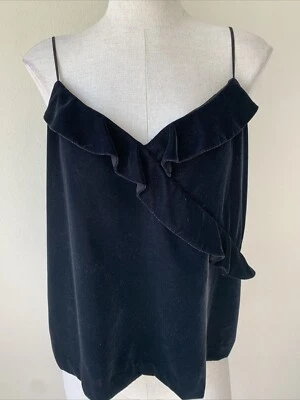 J Crew Velvet Tank Top 12 Black Layering Ruffle Trim Holidays Elegant - Image 1 of 4
