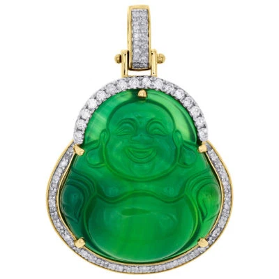 Dije pavé colgante de diamantes reales de jade sintético 3D de Buda de oro amarillo de 10 quilates 0,61 quilates Foto 1 de 4