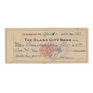 1929 The Glass City Bank Check Jeannette, PA Issued - Picture 1 of 2