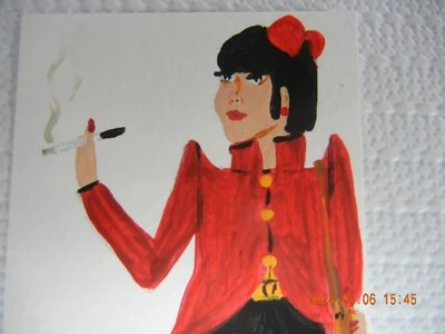 ACEO Original Asiático Chic Persona Teniendo Humo Pintura Acrílico sobre Papel Foto 1 de 3