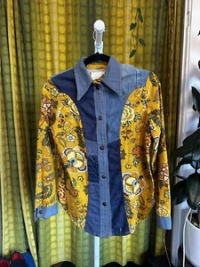 1970s CARPETS OF AMERICA CLOTHING DIVISION Patchwork Denim Selvedge Floral Top S - Picture 1 of 6