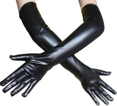 Womens Long Gloves Wet Look Faux Leather Elbow Length Gloves for Costume Party - Image 1 of 3