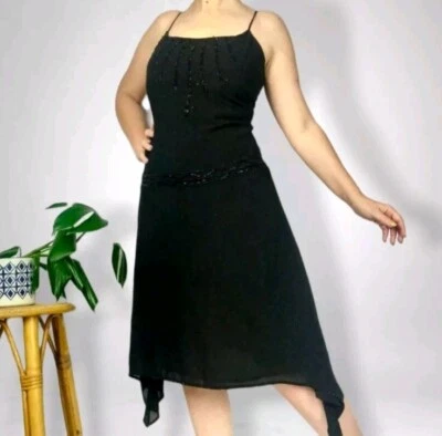 Black beaded dress Ladies S Assymetrical hem Vintage Y2K 20s hankerchief flapper - Image 1 of 4
