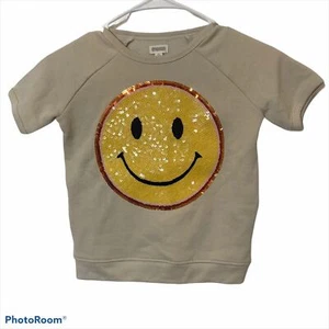 Gymboree Shirt Girls Size S Beige Sequins Happy face Emoji Sweatshirt small 5-6 - Picture 1 of 5