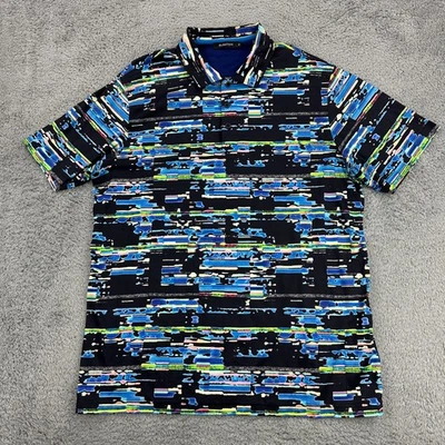 Bugatchi Polo Shirt Mens XL Black Blue Abstract Print Short Sleeve Cotton Modern - Image 1 of 4