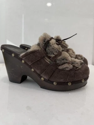 Y2K Report Brown Suede Mules Clogs Shoes Faux Fur Trim Size 10 Leather - Image 1 of 4