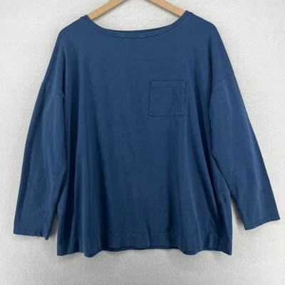 Camiseta EILEEN FISHER Top L Algodón Orgánico Jersey Bolsillo Manga Larga Azul EE. UU. Foto 1 de 4