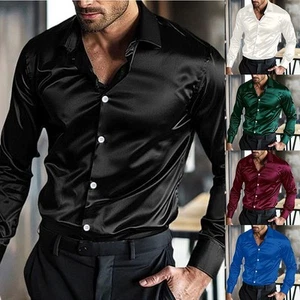 Trendy Mens Satin Silk Button Down Dress Shirt for Wedding Party Long Sleeve - Picture 1 of 14