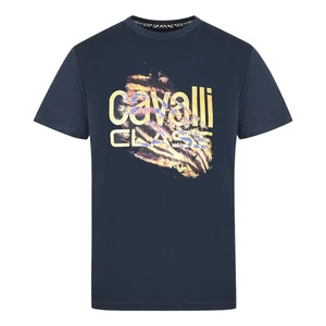 Cavalli Class Slashed Tiger Print Bold Logo Navy T-Shirt - Picture 1 of 2