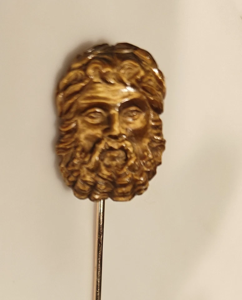 古董老虎之眼 14K 金雕刻胡子希腊神祖斯棒别针 — 第 1/4 张图片