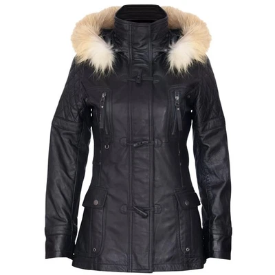 Women's Black Parka Leather Jacket Quilted Detachable Hooded Trench Jacket Coat - Image 1 of 4