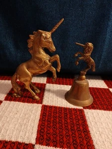 Vintage Lot of 2 Brass Horses Figurines Bell Rearing Unicorn - Picture 1 of 6