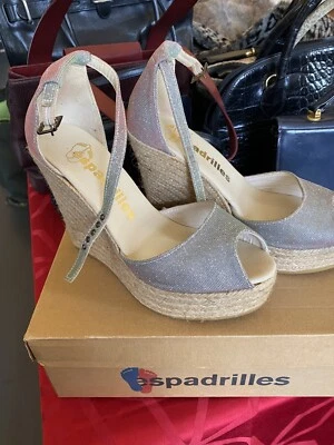 ESPADRILLES ORIGINALI N. 38 SANDALI ZEPPA 12 cm.  colore cangiante ARGENTO501 - Immagine 1 di 4
