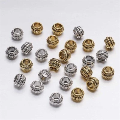 60pcs Tibetan Silver Alloy Large Hole Metal Beads Carved Spacers DIY Craft 8mm - Image 1 of 4