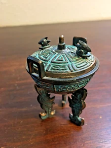 Small Pedestal Incense Burner w Legs & Lid, Metal, 2 3/4" - Picture 1 of 6