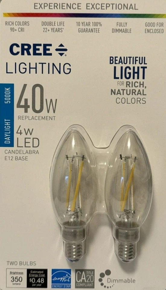 2 CREE 40-Watt B11 Clear Blunt Tip Daylight LED Light Bulbs w/Candelabra Base - Image 1 of 1