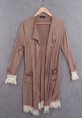POL Women Boho Embroidered Tan Fringe Trimmed Knit Open Cardigan Duster Cover Up - Image 1 of 4