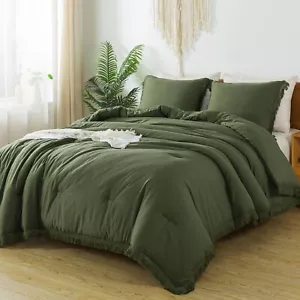 Olive Green Comforter Set King, 3 Pieces Boho Tassel Lightweight Bedding Comf... - Picture 1 of 7