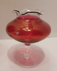 Vintage Vase Cranberry Ruffle Stained Glass Footed Collectible Clear Stem