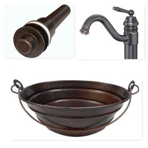 15" Round Copper BUCKET Vessel Bath Sink with Faucet & Lift and Drain - Picture 1 of 5