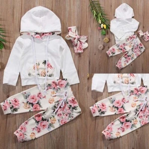 Newborn Kids Baby Girls Floral Outfits Hooded Trouser Tracksuit Headband Clothes - Picture 1 of 9