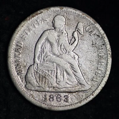Moeda de dez centavos de prata 1863-S Seated Liberty ESCOLHA MUITO BOM ESTADO FRETE GRÁTIS E235 RNCN - Imagem 1 de 2