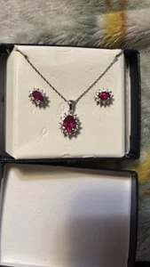 Ruby Halo Sterling Silver Necklace, and earring set - Picture 1 of 7