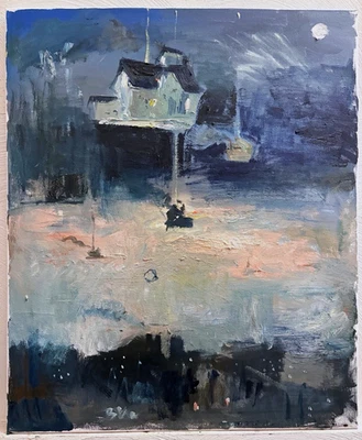 Pintura al óleo Puesta de sol Paisaje urbano gótico Surrealismo Casa Nube 20x24 Original Foto 1 de 3