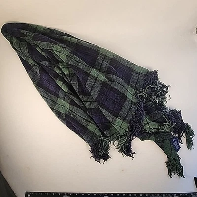 Chaps Home Throw 毛毯柔软雪尼尔 100% 聚酯纤维 Grn Blk 蓝色格子流苏 — 第 1/4 张图片