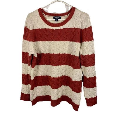 Lands End Cable Knit Fisherman Sweater Drifter Striped Women XL (18) Rust Cream - Image 1 of 4