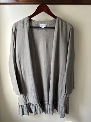 J. JILL Garment Dyed 100% Linen Lagenlook Duster Ruffled Hem Open Small Petite - Image 1 of 4