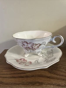 Vintage rosa Orchidee Fuß Tasse & Untertasse, Porzellan, Silber & Goldrand - Bild 1 von 5