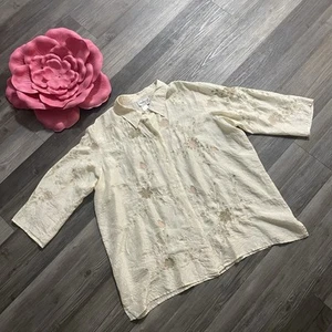 COLDWATER CREEK Sz 2X 100% Silk Ivory Button Front Embroidered Crinkle Shirt Top - Picture 1 of 7
